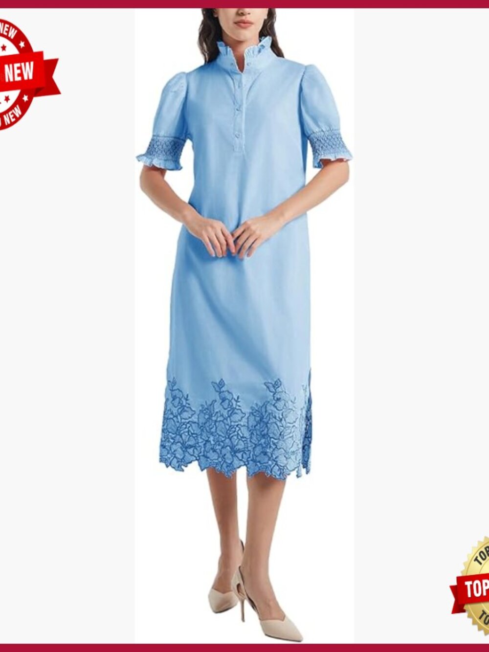 Cotton Short Sleeve Midi Shirt Dress With Flower Embroidery And Side Slits